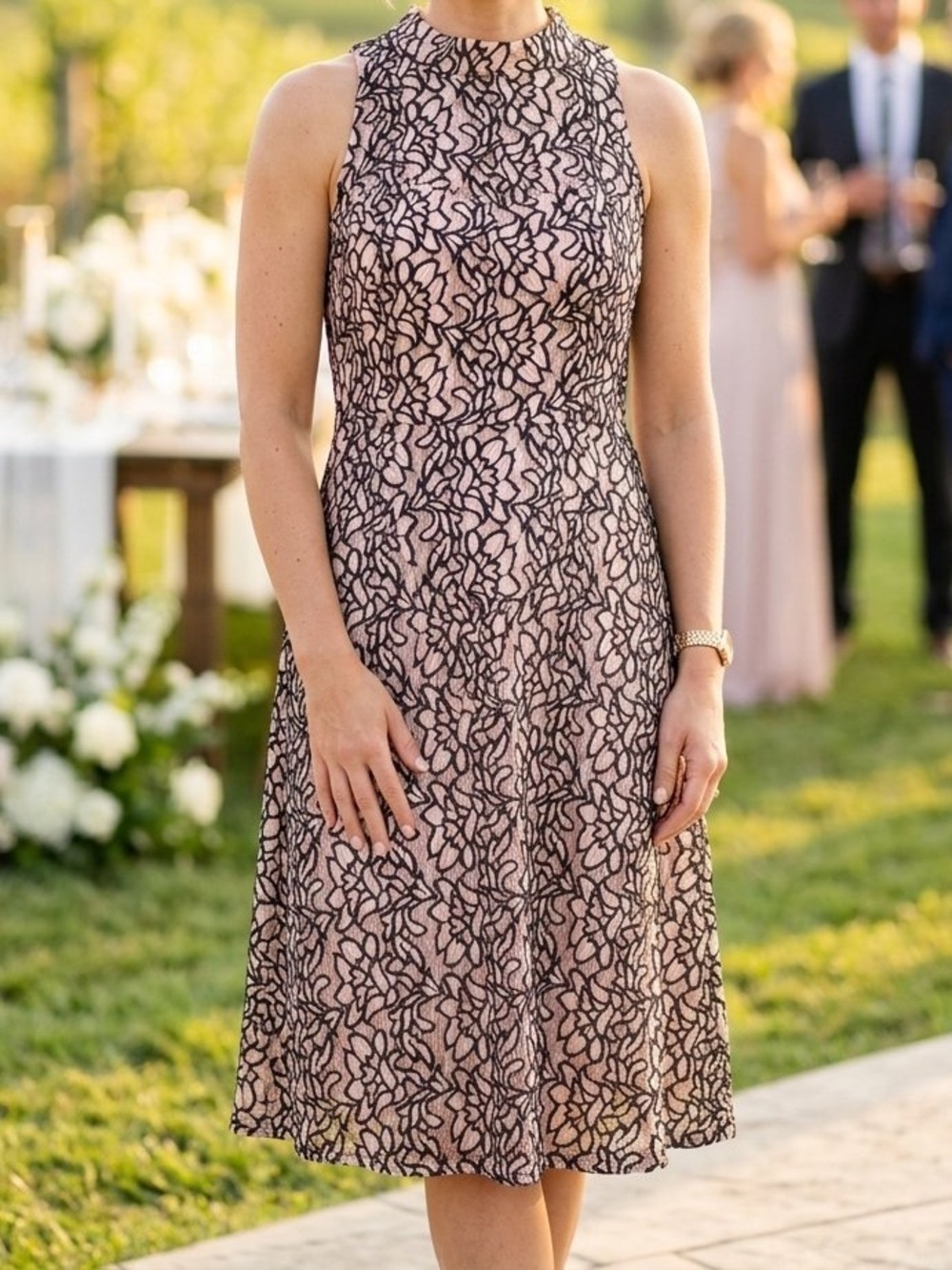 Kensie Pink Black Floral Lace Midi Dress Wedding Guest Cocktail Fit Flare 16